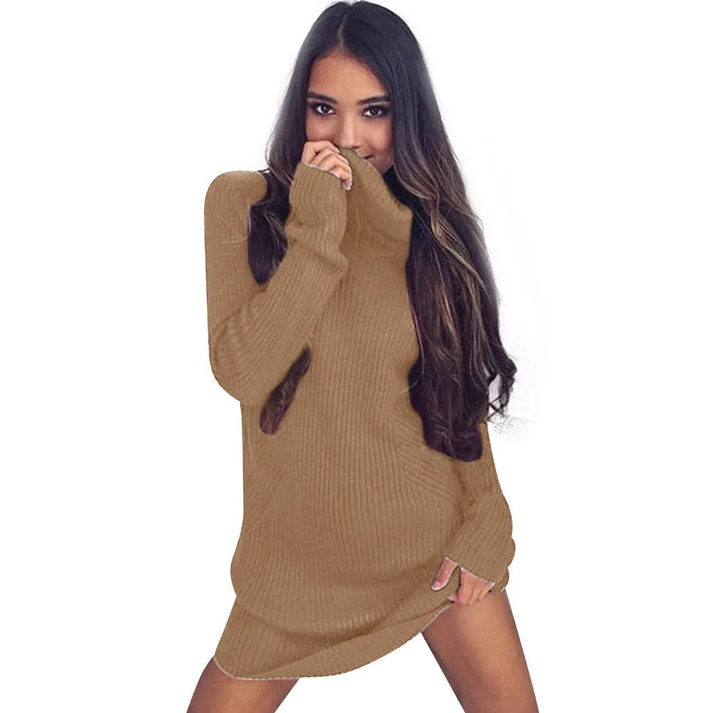 Женское платье-свитер зимний свободный джемпер с высоким воротником и длинным