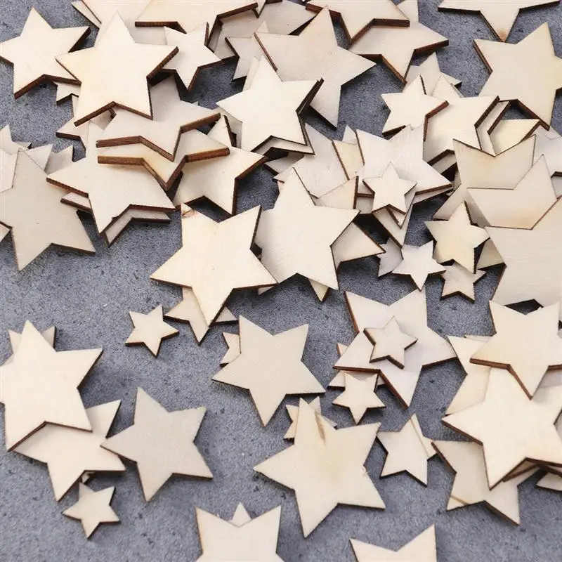 100pcs Unfinished Wooden Stars Cutout Discs Assortment For Patchwork Arts Crafts DIY Decoration Birthday Wedding Display A3