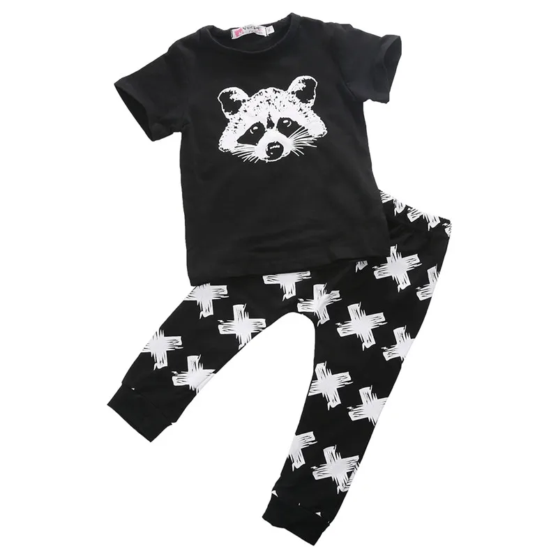Cute Little Raccoon Baby Girls Boys Summer Clothes Sets Causal Cotton Tops Wear + Long Printing Pants Newborn Outfits | Детская одежда