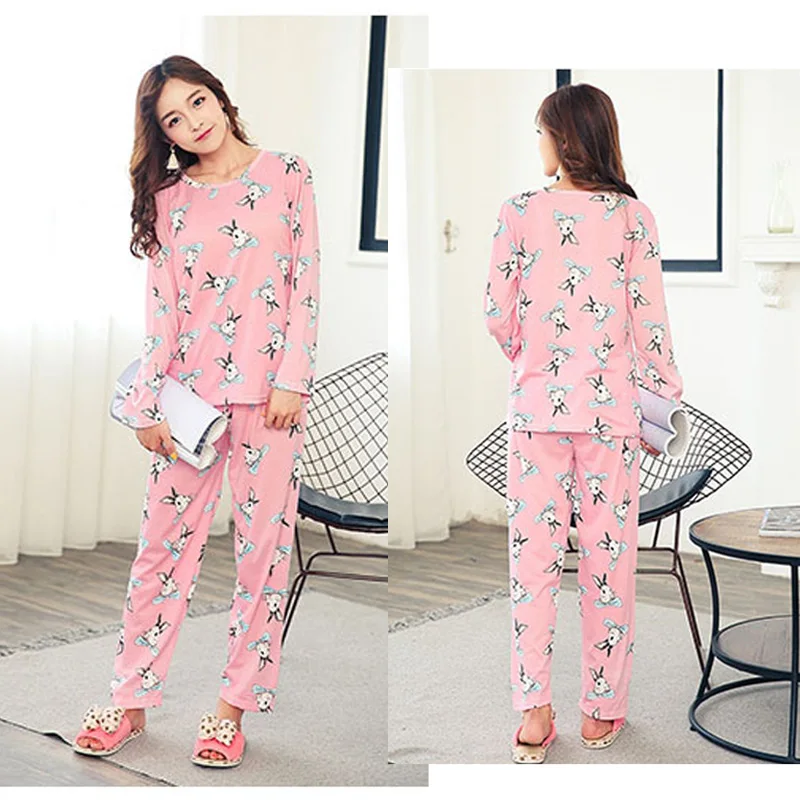 Для женщин длинный рукав мультфильм печати рубашка брюки 2-piece Pajama Set пижамы Homewears женский осень Милые комплекты Для женщин