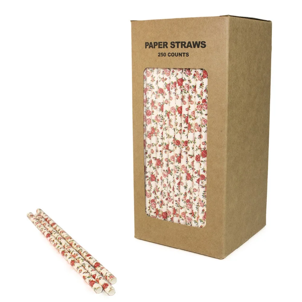 

250 Pcs/box Vintage Floral Paper Straws Bulk-Light Pink Flower Garden Wedding Tea Party Drinking Restaurant Juice Coffee Soda