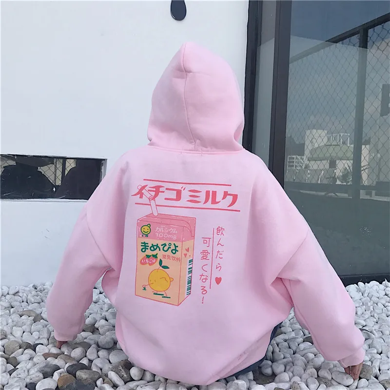 New Hooded Hoodies Women Strawberry Milk Heart Print Kangaroo Long Sleeve Sweatshirt Front Pocket Casual Harajuku Jumper | Женская