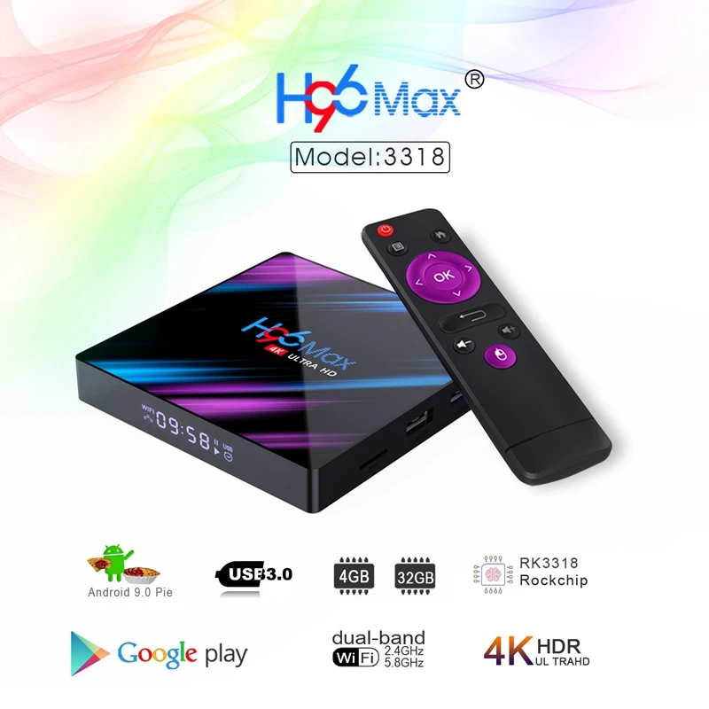 H96 Max Android Tv Box 9.0 Rockchip Rk3318 4G+32G 4K Smart 2.4G/5G Wifi Bluetooth 4.0 Iptv Box(Uk Plug) | Электроника