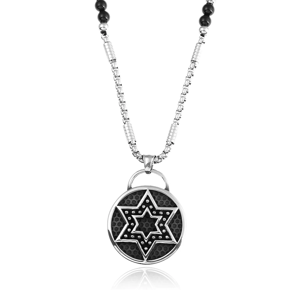 Men Star of David Hexagram Stainless Steel Pendant Necklace With Black Natural Stone Chain 26&quot | Украшения и аксессуары