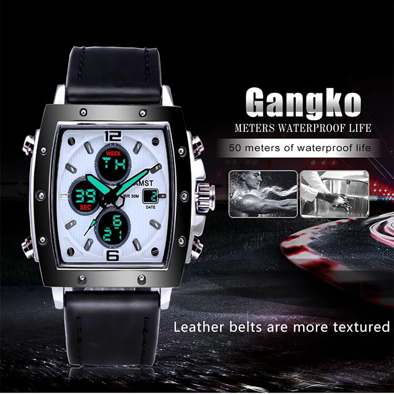 AMST Square dial Men Analog Digital Army Military Watch 5ATM Waterproof Clock Sport Wristwatch Quartz LED Mens Watches Relogio | Наручные