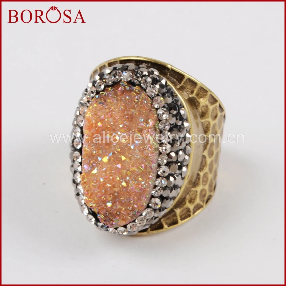 Овальный браслет из титана в форме бороса Радужный друзовый кварц Золотое кольцо