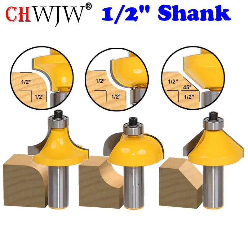 

3Pc 1/2" Shank Edging Router Bit Set - Large Roundover Cove and Chamfer Woodworking cutter