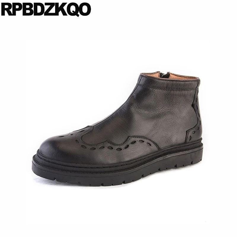 

Winter British Style Sheepskin Wingtip Fur Comfortable Faux Genuine Leather Shoes Booties Mens Boots Warm Brogue Black Zipper