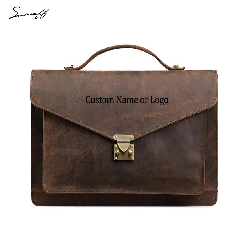 

Fashion Men's Leather Briefcases Business Genuine Leather Laptop Bags Male engrave Name Hasp Cover Shoulder Bags Men Handbag