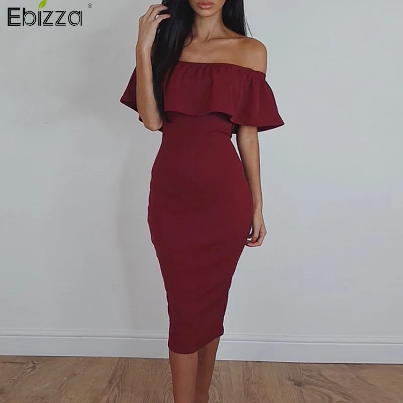 Ebizza Сексуальная с плеча рюшами облегающее платье Разделение обратно сплошной