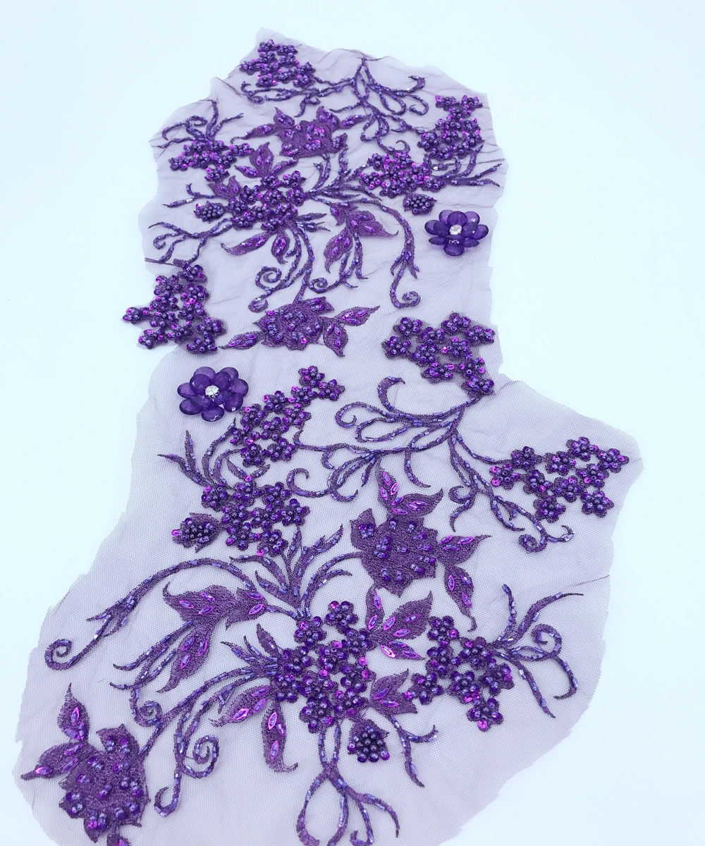 

Purple lace applique with handsewing beads rhinestones trim patches 62*30cm for prom dress accessory