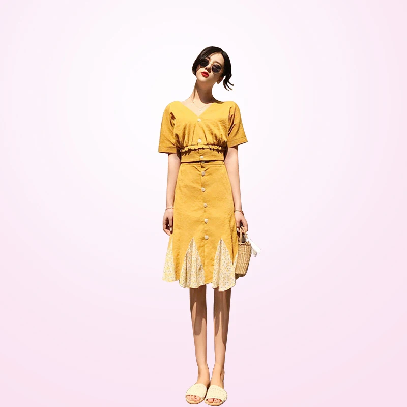 Комплект из 2 предметов: топ и юбка кружевное Сексуальное Желтое Платье До Колена