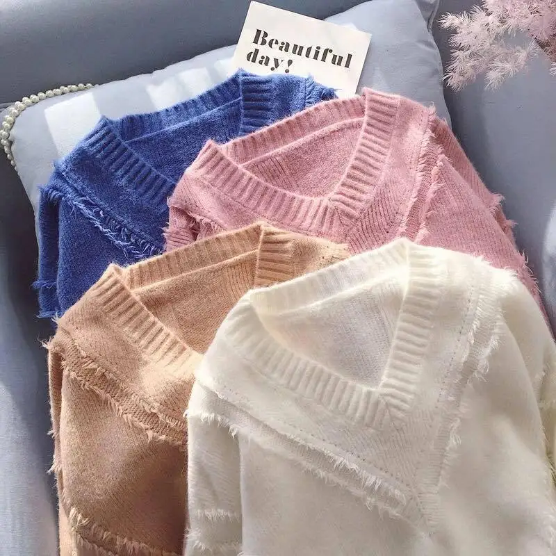 MY016 Sweater women new winter 2018 Sweet korean Loose Patchwork sweater female Solid pullover v-neck long sleeve sexy | Женская одежда