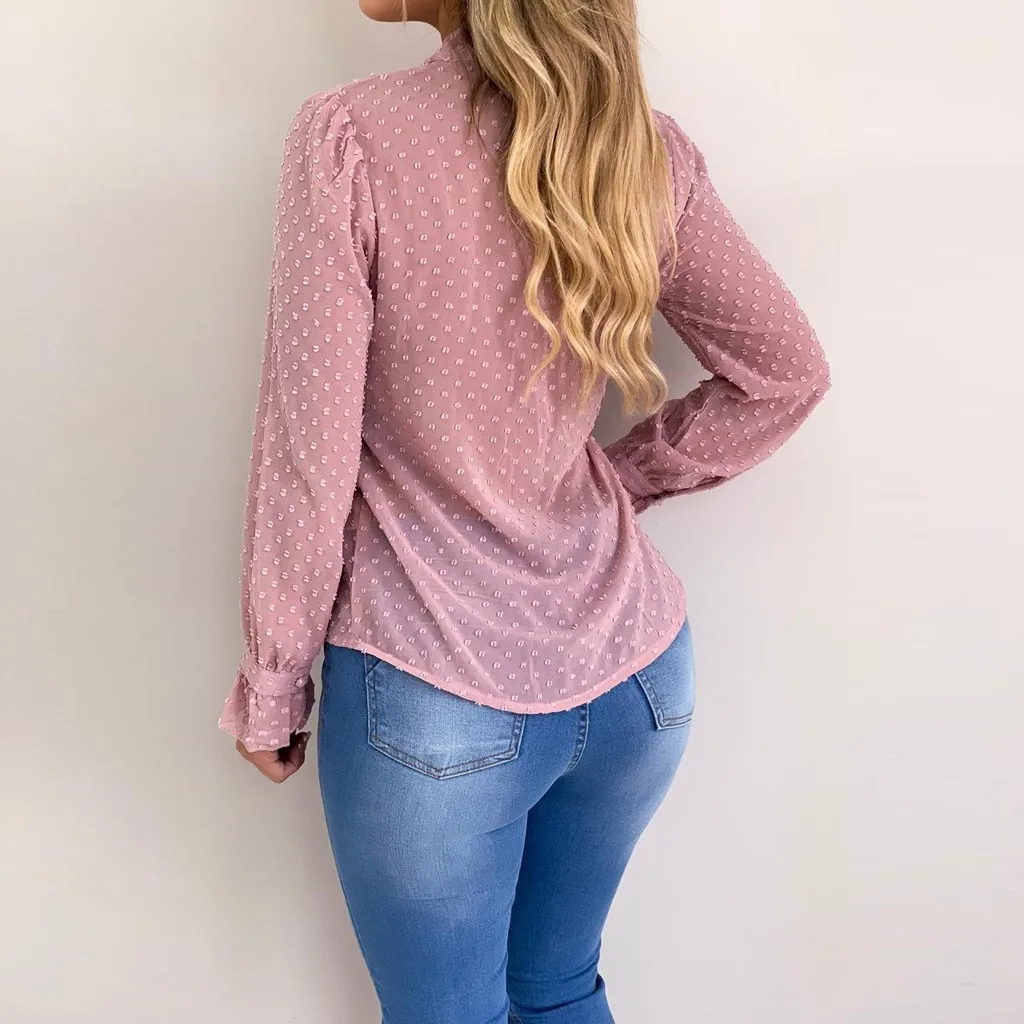 White Blouse Long Sleeve Chiffon Sheer Mesh Tieup Dot See Through Top Shirt Lady Plus Size Blusas Camisa z0708 | Женская одежда