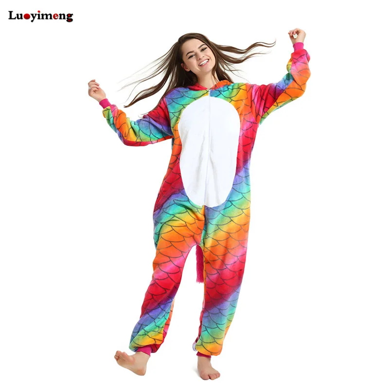 Для женщин Радуга Pijama полный фланель красная рыба пижамы Onesie взрослых костюмы