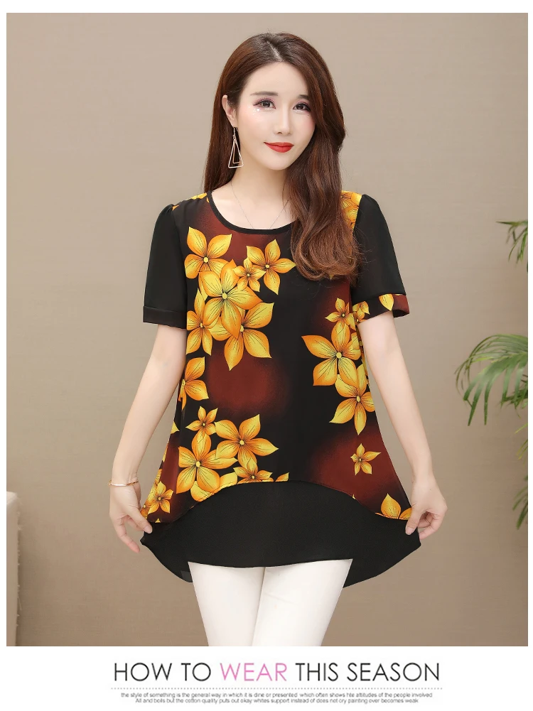 5XL, осенняя шифоновая блузка, рубашки, повседневные, цветочные, свободные, элегантные, с круглым вырезом, с коротким рукавом, с цветочным принтом, топы, блузы, блузка,, для женщин
