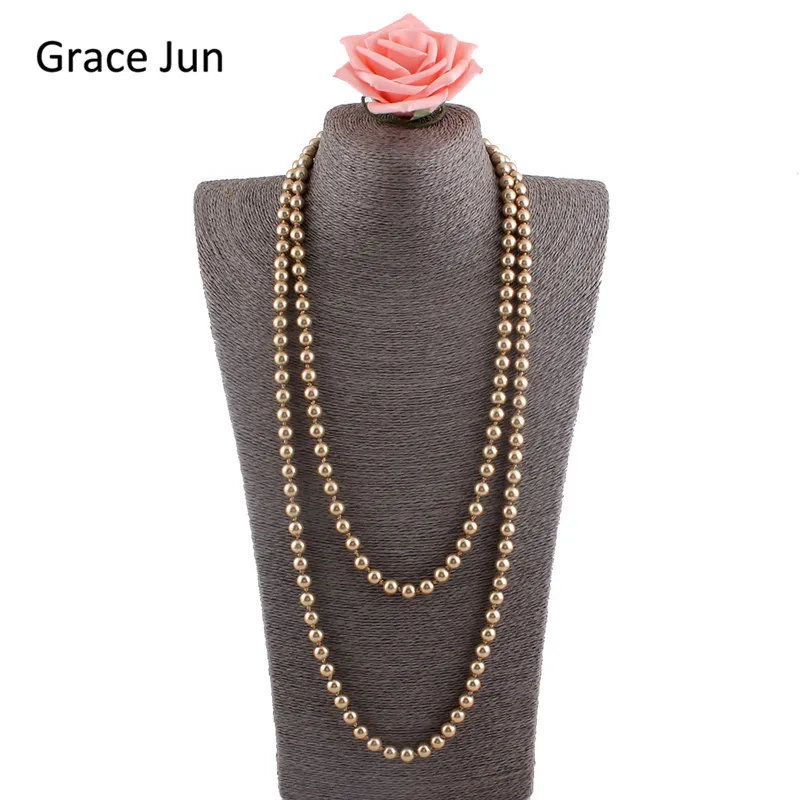 Бренд Grace Jun, 14 цветов, высокое качество, роскошная мода, стекло, искусственный жемчуг, для женщин, вечерние, свадебные, ручной работы, длинное жемчужное ожерелье 55" - Окраска металла: coffee