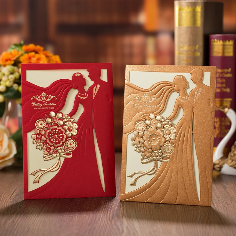 

100pcs Gold Red Laser Cut Wedding Invitations Card Bride and Groom Greeting Card Custom Envelopes Wedding Party Favor Decoration