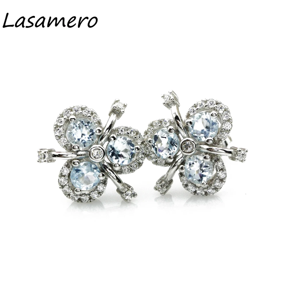 LASAMERO 1.80CTW круглая огранка натуральный серьги с голубым топазом S925 стерлингового серебра натуральный камень серьги с цветочным дизайном