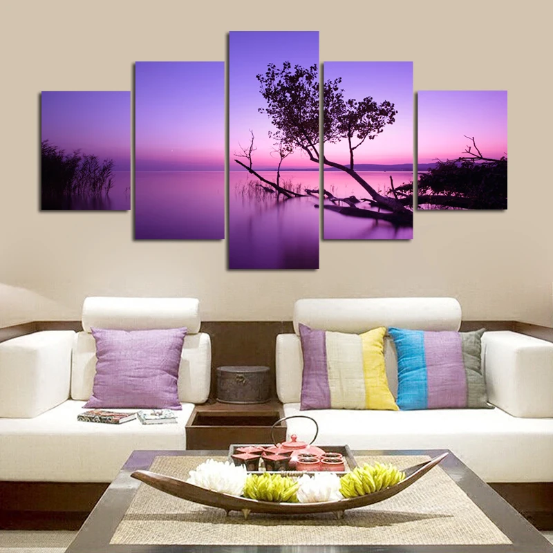 

5 Piece Wall Painting Canvas Tree in Sunset Lake Purple Decorative Art Painting for Living Room Wall Decor