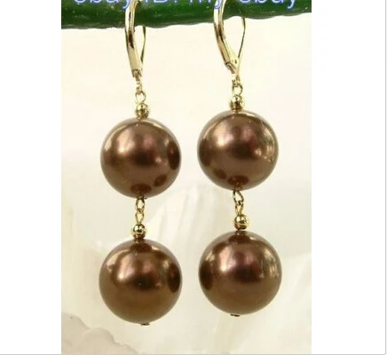 

FREE shipping> >>> 14mm Brown South Sea Shell Pearl Dangle Earrings 14KGP