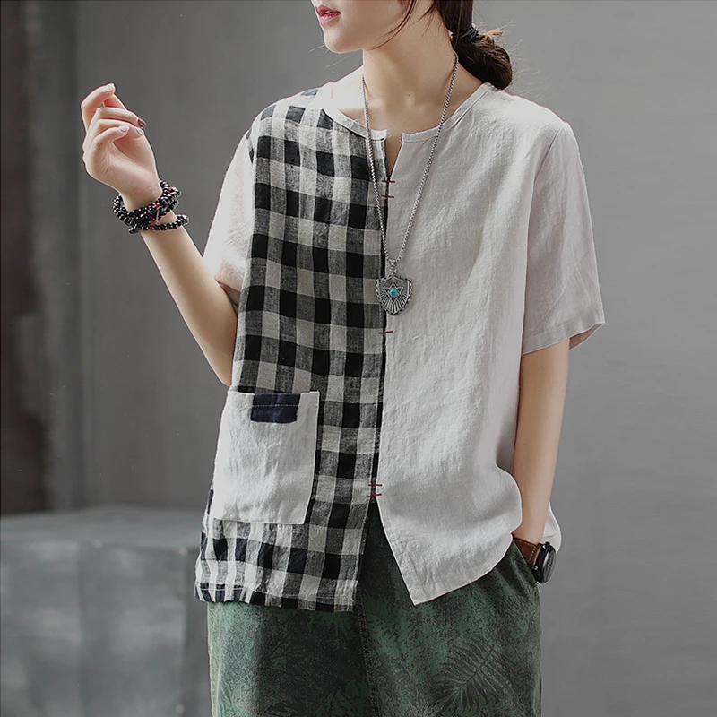 Новинка 2019 летняя женская футболка в стиле пэчворк хлопок лен Новый Винтажный