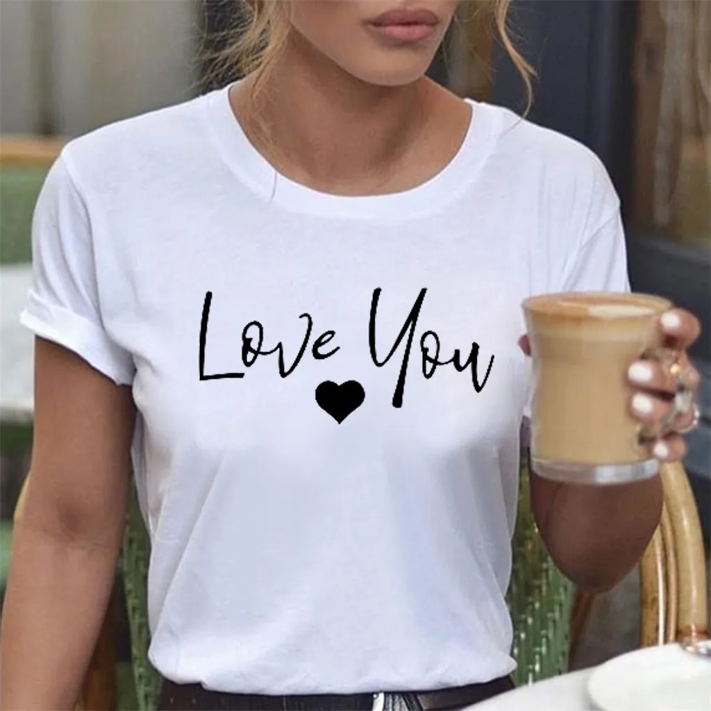 2019 летняя футболка с принтом love you для женщин повседневные белые топы Футболка