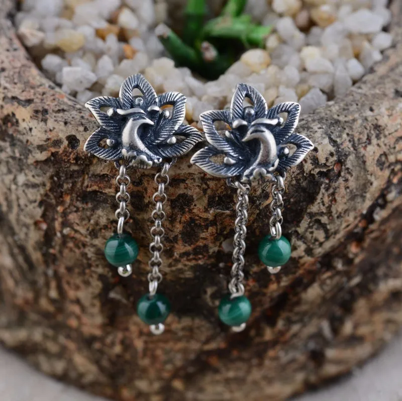 

KJJEAXCMY fine jewelry 925 pure silver inlaid Malachite earrings wholesale Thailand women's jewelry