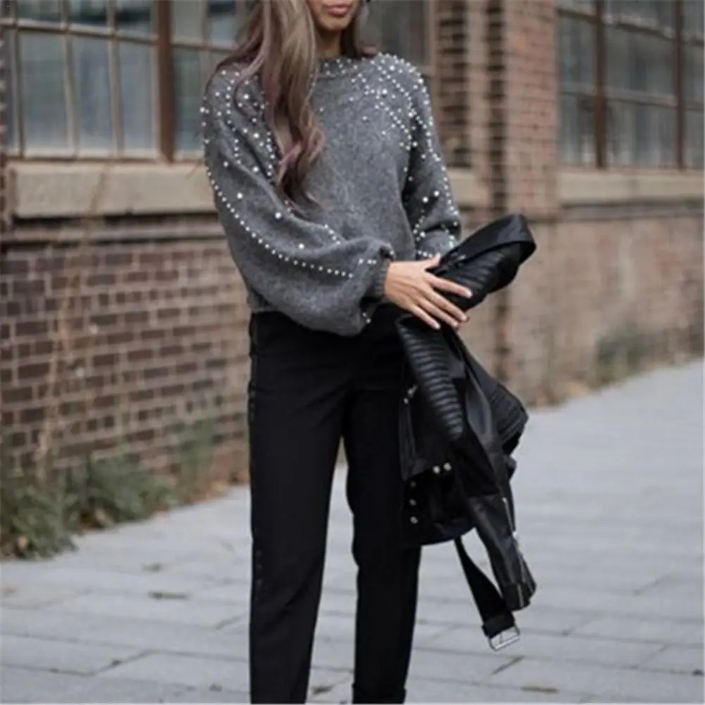 2018 Autumn Winter Thicken Sweater Pullover Tops Women Turtleneck Pearl Beading Long Sleeved Casual Loose Knitting Warm Sweaters | Женская