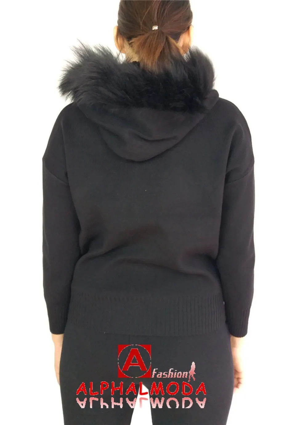ALPHALMODA Зимние новые трикотажные костюмы куртка с капюшоном из натурального меха вязаные брюки женские модные широкие брюки Chandal Mujer спортивный костюм