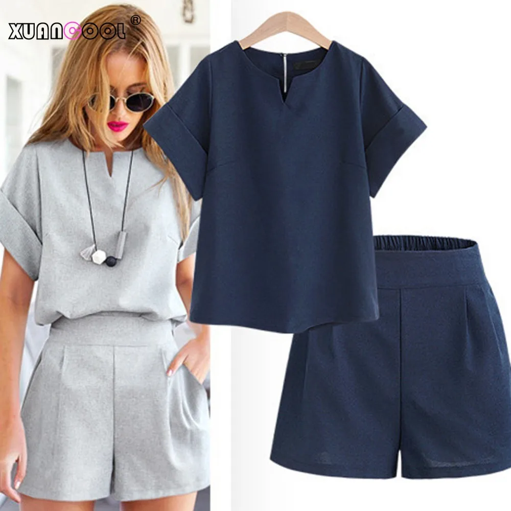 

XUANCOOL 2021 Women Summer Casual Cotton Linen V-neck Short Sleeve Tops + Shorts Two Piece Set Female Office Suit Set 5XL