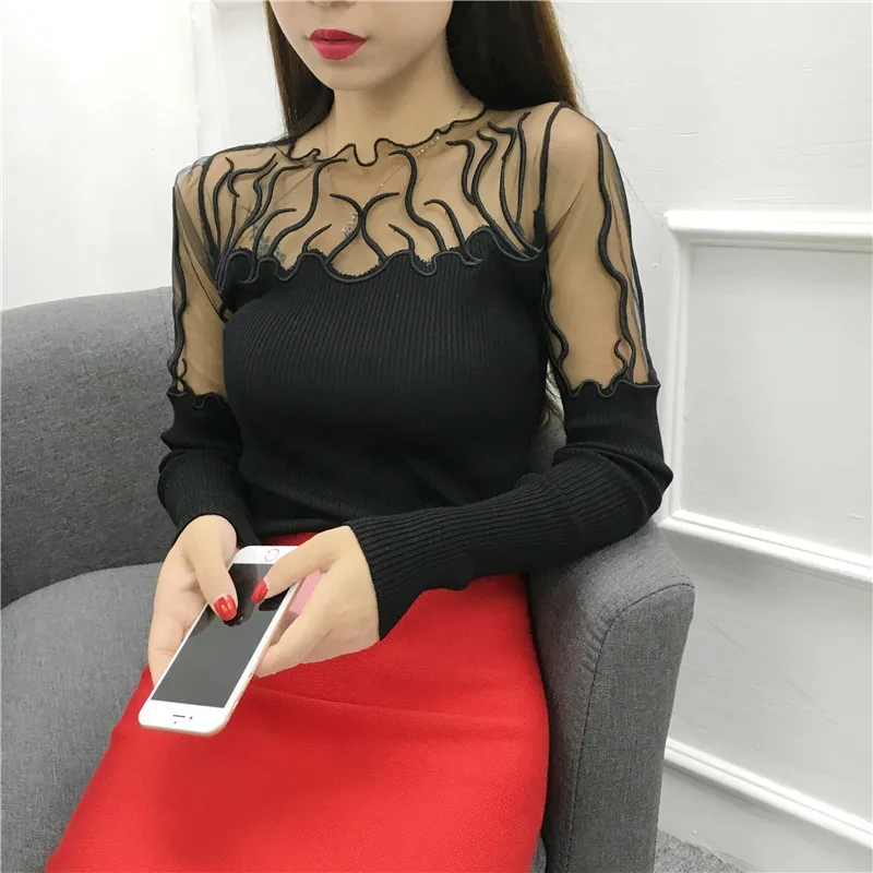 Dingaozlz Sexy Slim long-sleeved Pullovers shirt female Gauze Lace stitching Knitted Sweater Fashion Women sweater | Женская одежда