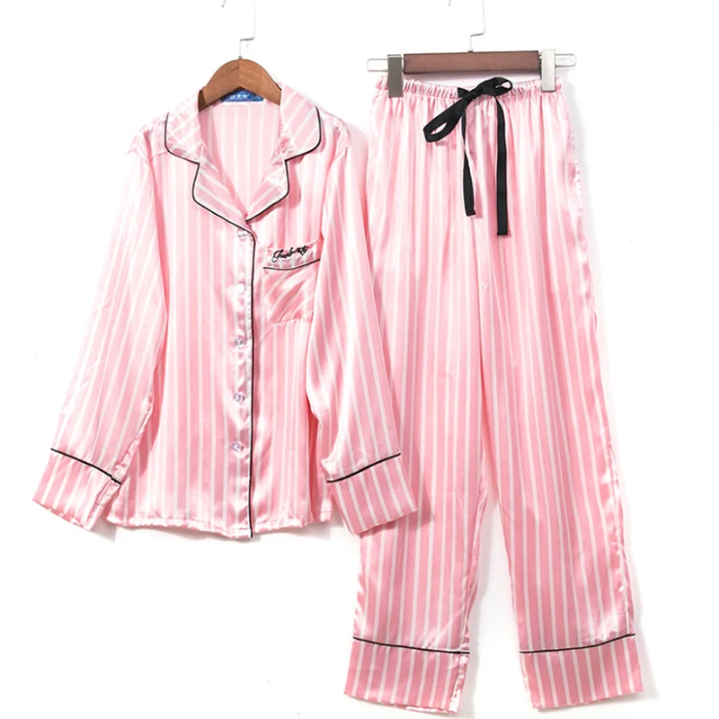 New Fashion Spring Summer Women's Seven Piece Satin Silk Pajamas Ladies Sexy Stripe Long Sleeved Sleepwear Home Clothes | Женская
