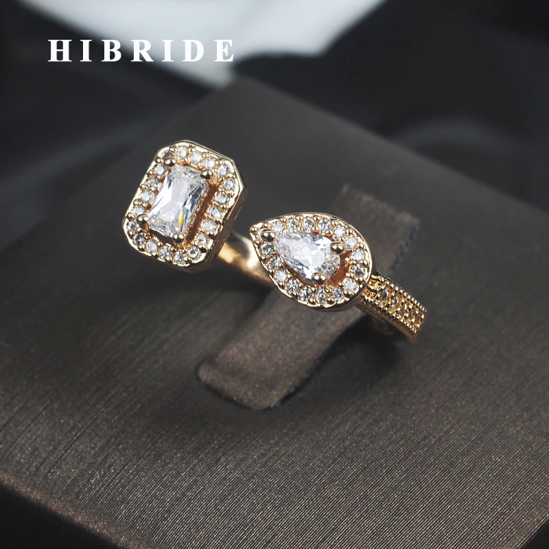 

HIBRIDE Luxury Design Clear Cubic Zircon Women Wedding Ring Rose Gold-Color Adjustable Open Finger Ring Anillos R-189