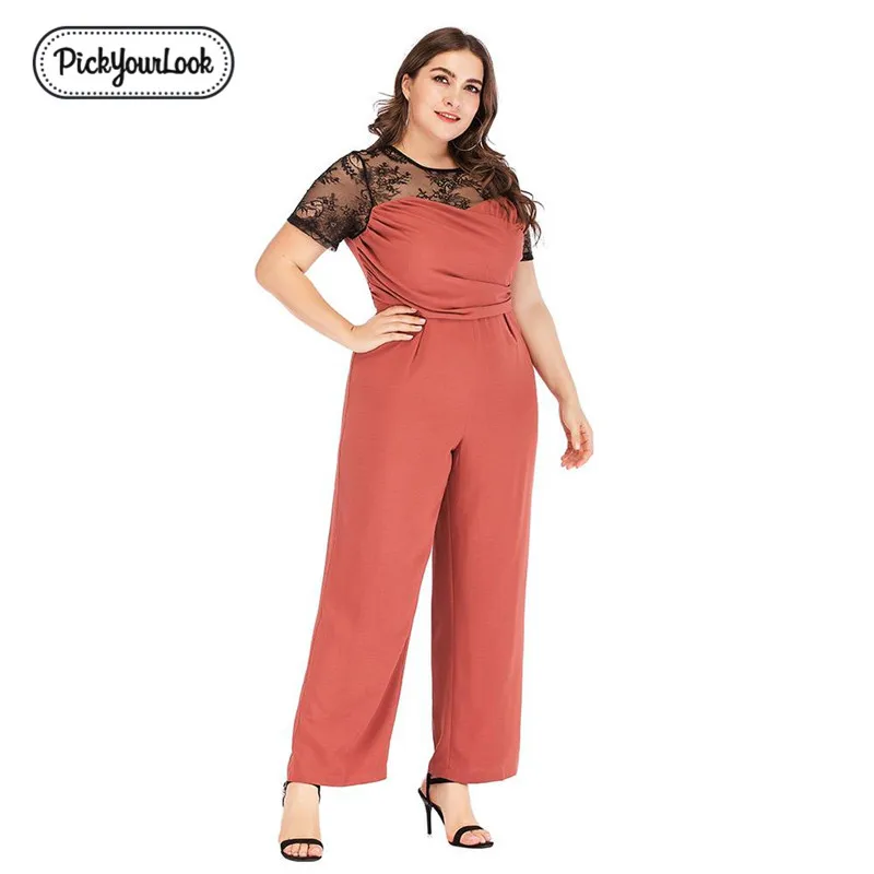 Pickyourlook, кружевной женский комбинезон, комбинезон размера плюс, летний, короткий рукав, полупрозрачный, женский боди, модный, большой, женский комбинезон