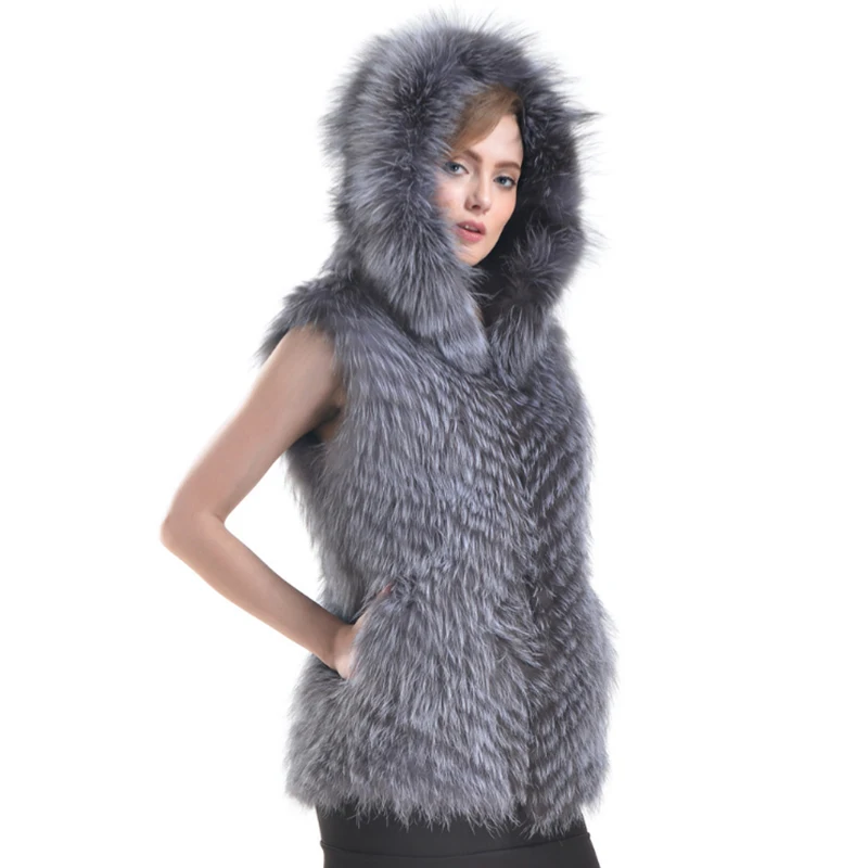 Жилет женский из лисьего меха без рукавов с открытыми плечами зима размера плюс |