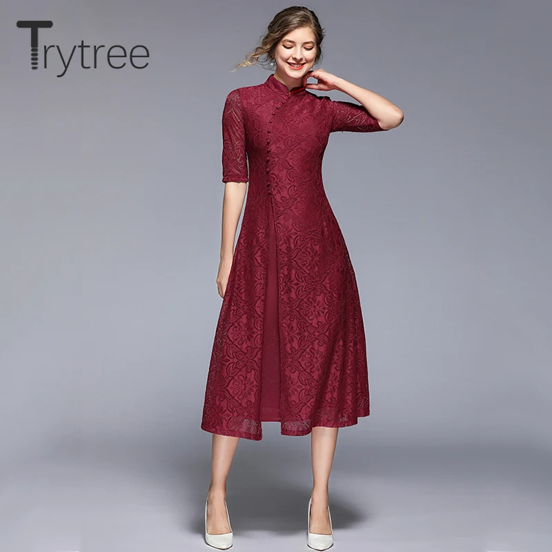 Летнее осеннее однотонное платье Trytree в китайском стиле с воротником стойкой