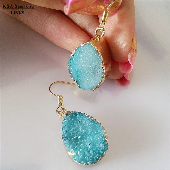 Серьги Крючки с натуральным камнем синие серьги кристаллом из кварца|druzy stone