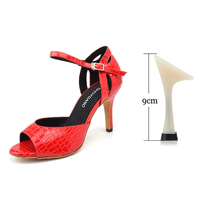 Red 9cm SHOYDANC/Обувь для латинских танцев; женская Обувь для бальных танцев; сандалии для сальсы и вечеринок; обувь из искусственной кожи с текстурой крокодила; высота каблука 10 см; мягкие туфли - Цвет: Red 9cm