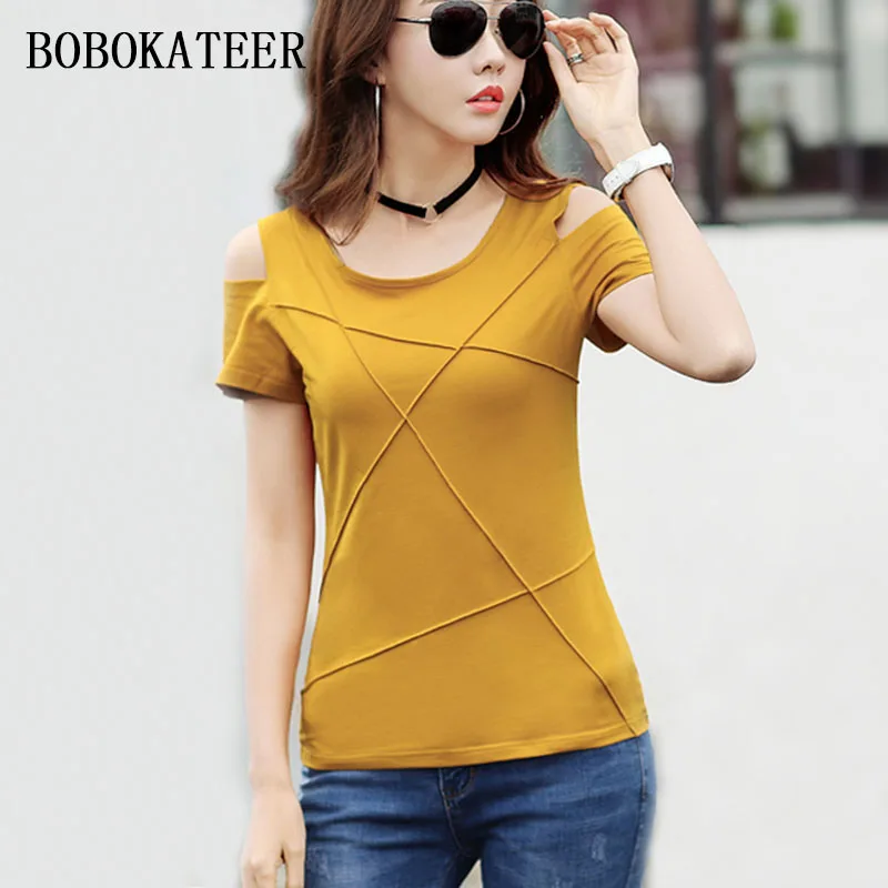 BOBOKATEER размера плюс футболка женская футболка camisetas verano mujer летний топ с открытыми плечами футболка Женские топы Футболка femme