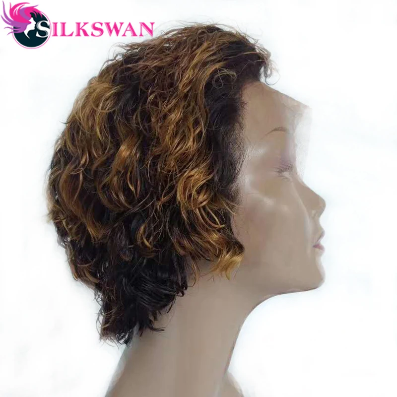 Silkswan, бразильские волосы, кудрявые, человеческие волосы, парик 1b/27 цветов, на кружеве спереди, короткие, стриженые, парик 150 плотности для черных женщин