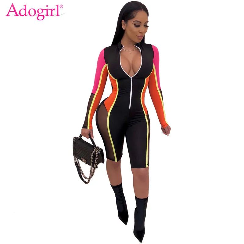 

Adogirl S-3XL Color Patchwork Sheer Mesh Bandage Jumpsuit Women Sexy Zipper V Neck Long Sleeve Shorts Romper Night Club Playsuit