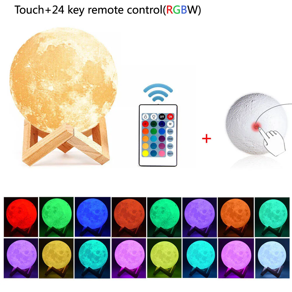 USB зарядка LED Moon Night Light 3D печать сенсорного датчика и 24 ключа RGBW Пульт