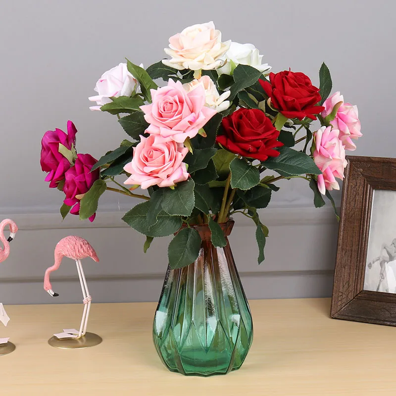 2 головки розы искусственный цветок поддельные листья бархатные шелковые цветы