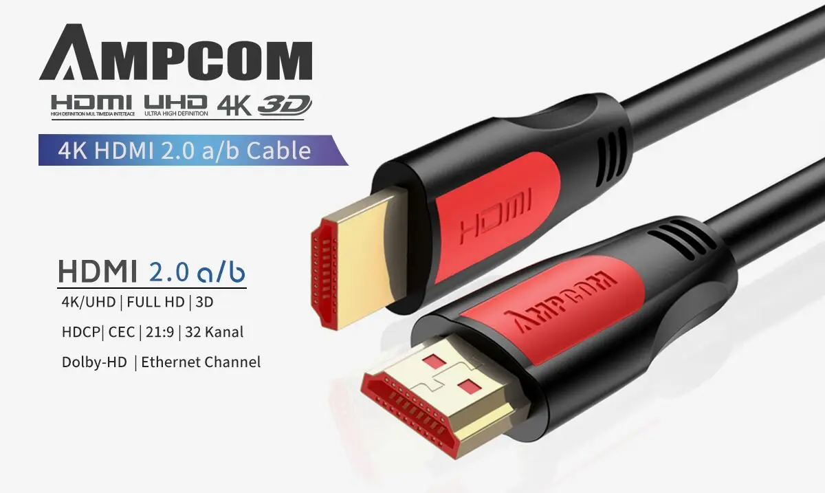 AMPCOM HDMI кабель HDMI в HDMI 2,0 Ultra HD 4 K-60Hz 3D 1080P HDR 4:4:4 ARC Ethernet шнур совместим с HDMI 2.0a 2.0b, 2,0