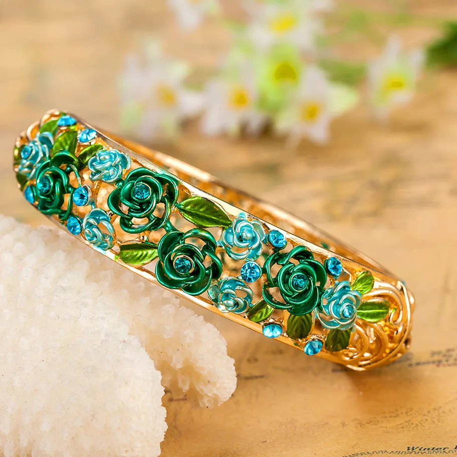 Gold Blue Эмаль цветок браслет для женщин юбилей ювелирные изделия Colar Indain браслеты очень красивые розы цветок Эмаль Браслеты Puseiras Ouro - Окраска металла: Gold Blue