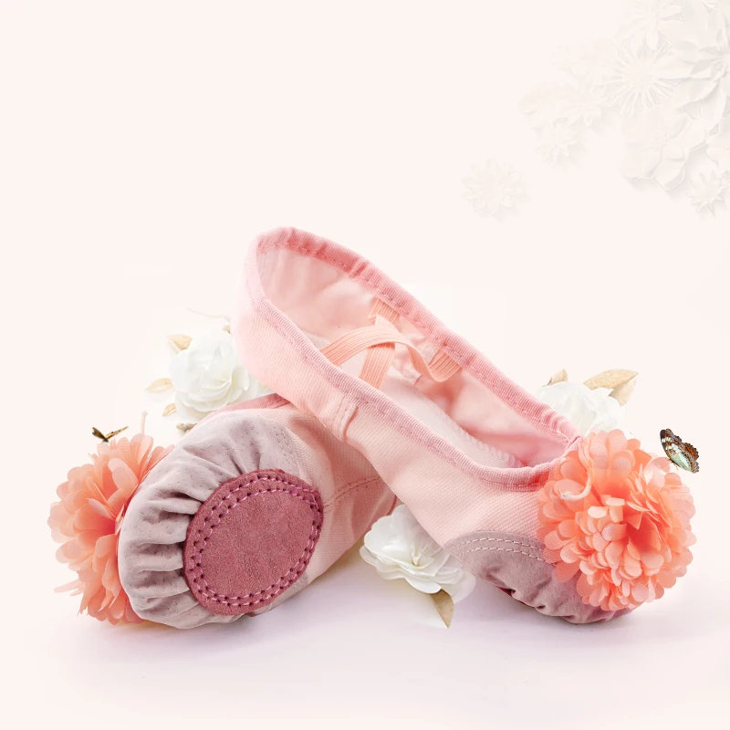 

Pink Ballet Shoes Girls Toddler Children Ballet Slippers Soft Split Leather Sole Yoga Gymnastics Dance Shoes With Flower