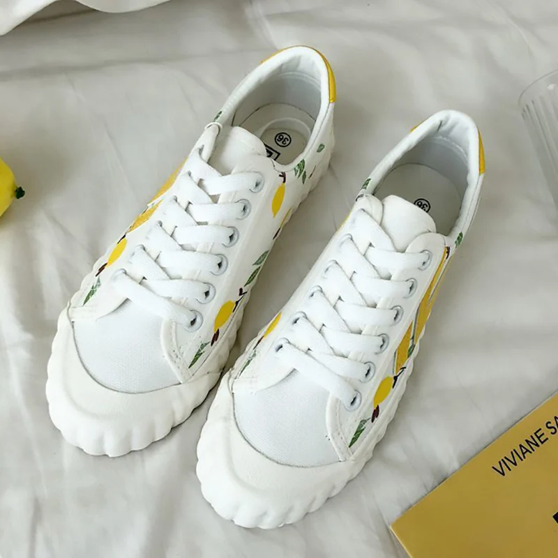 Удобная парусиновая обувь на шнуровке с принтом лимона Chaussures Femme Очаровательная