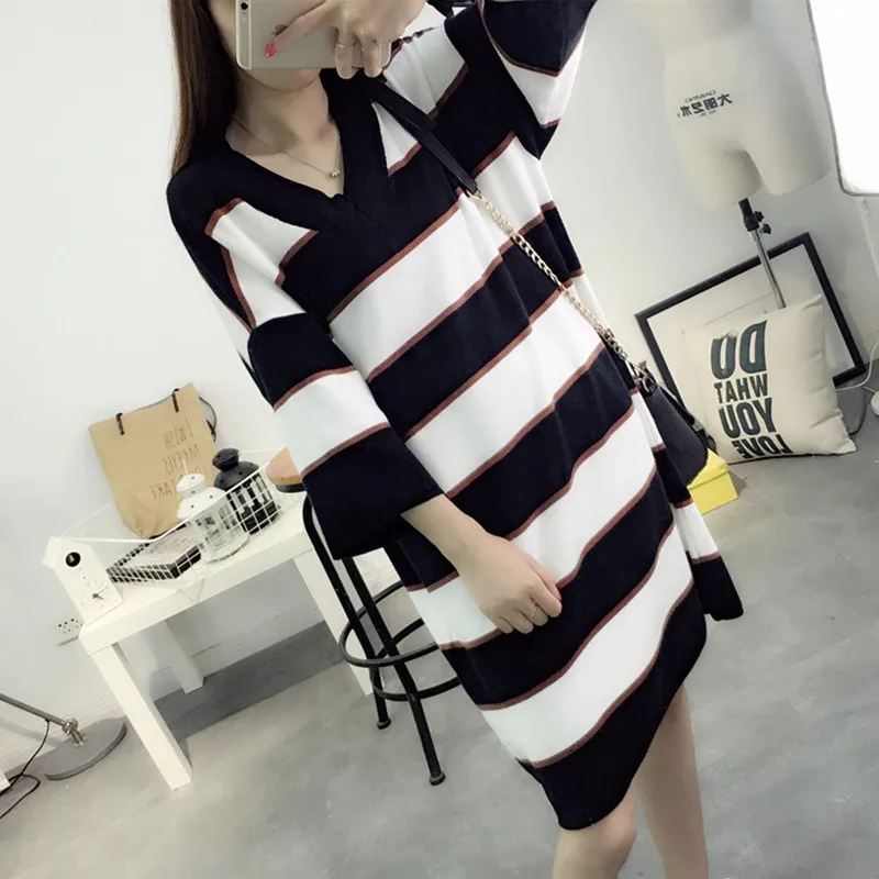 

NEW hot sale women's autumn winter long style v-neck knit loose sweaters dresses woman college wind loose pullovers dress