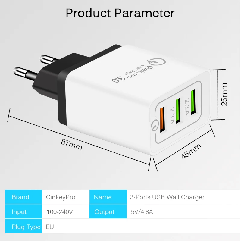 AnkinPro USB Charger 3-Ports Quick Charge 3.0 for Samsung Fast iPhone XiaoMi Wall Mobile Phone Universal Adapter Charging | Мобильные